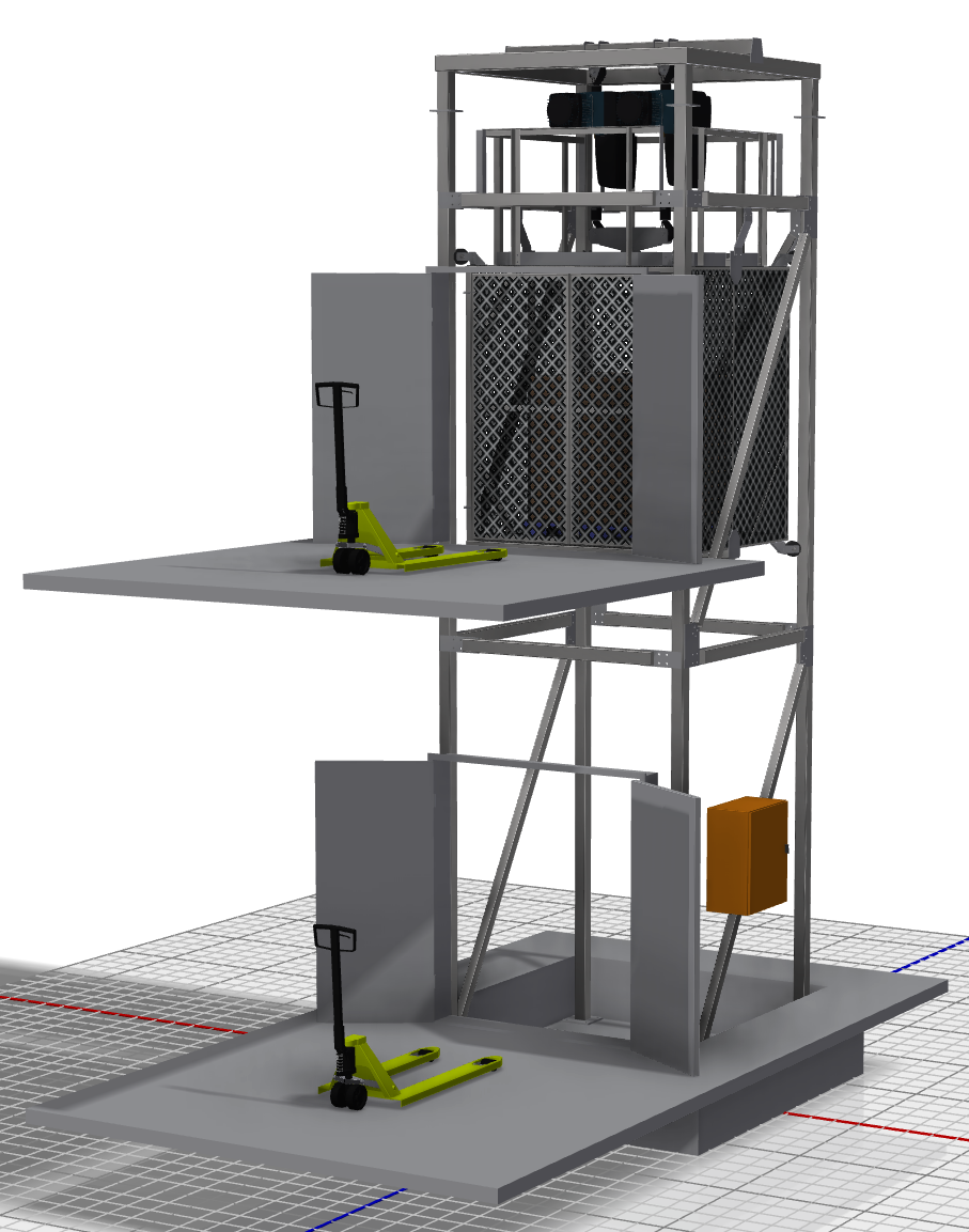 1.6 tonne mezzanine-served goods-only lift with twin chain hoists, designed by Origin Ascent